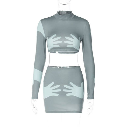 Fashion Print Crop Long Sleeve Top Slim Short Style Skirt Suit